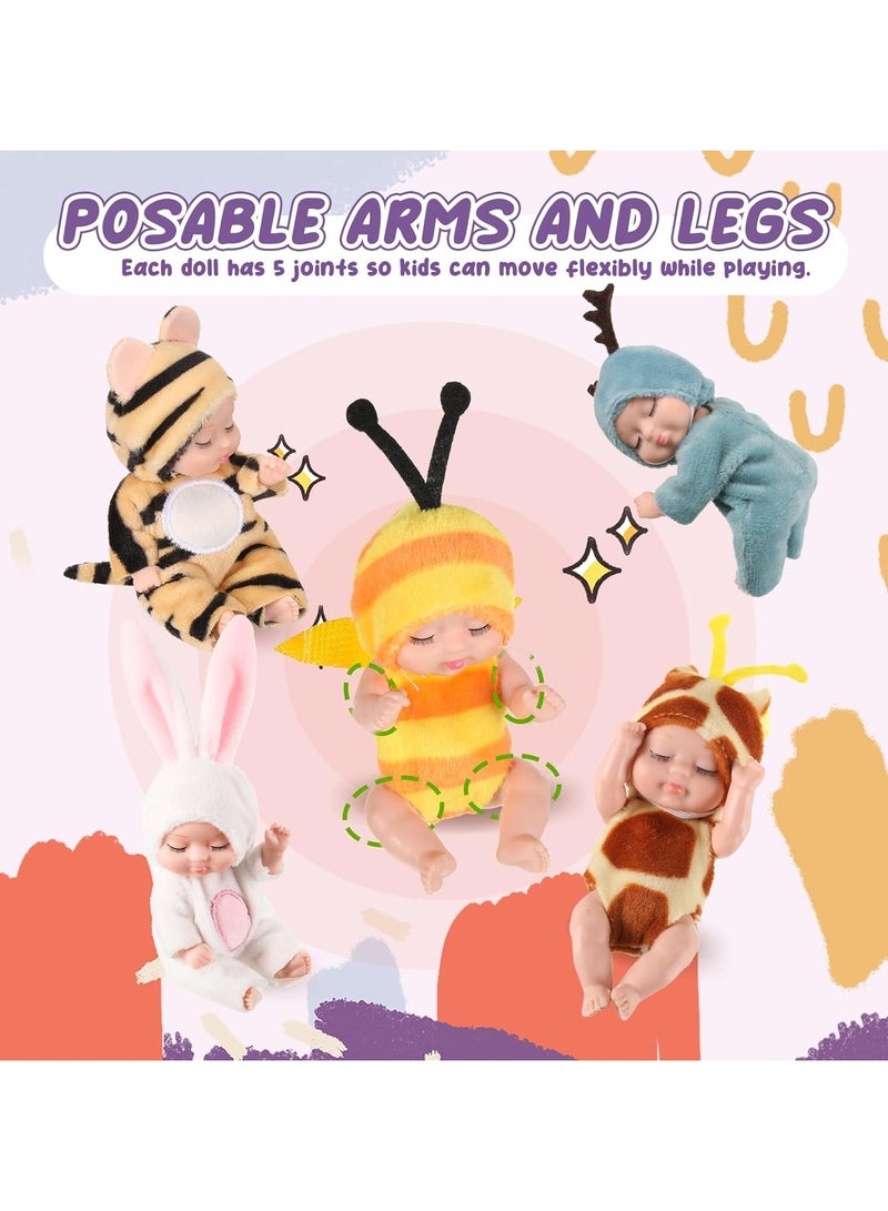 Yalla Pick 6Pcs Mini Baby Dolls Set, Cute Reborn Dolls with Animal Clothes, Movable Joints Soft Body PVC Toys for Toddlers 3 Years+, Ramadan Birthday Gift - Image 4